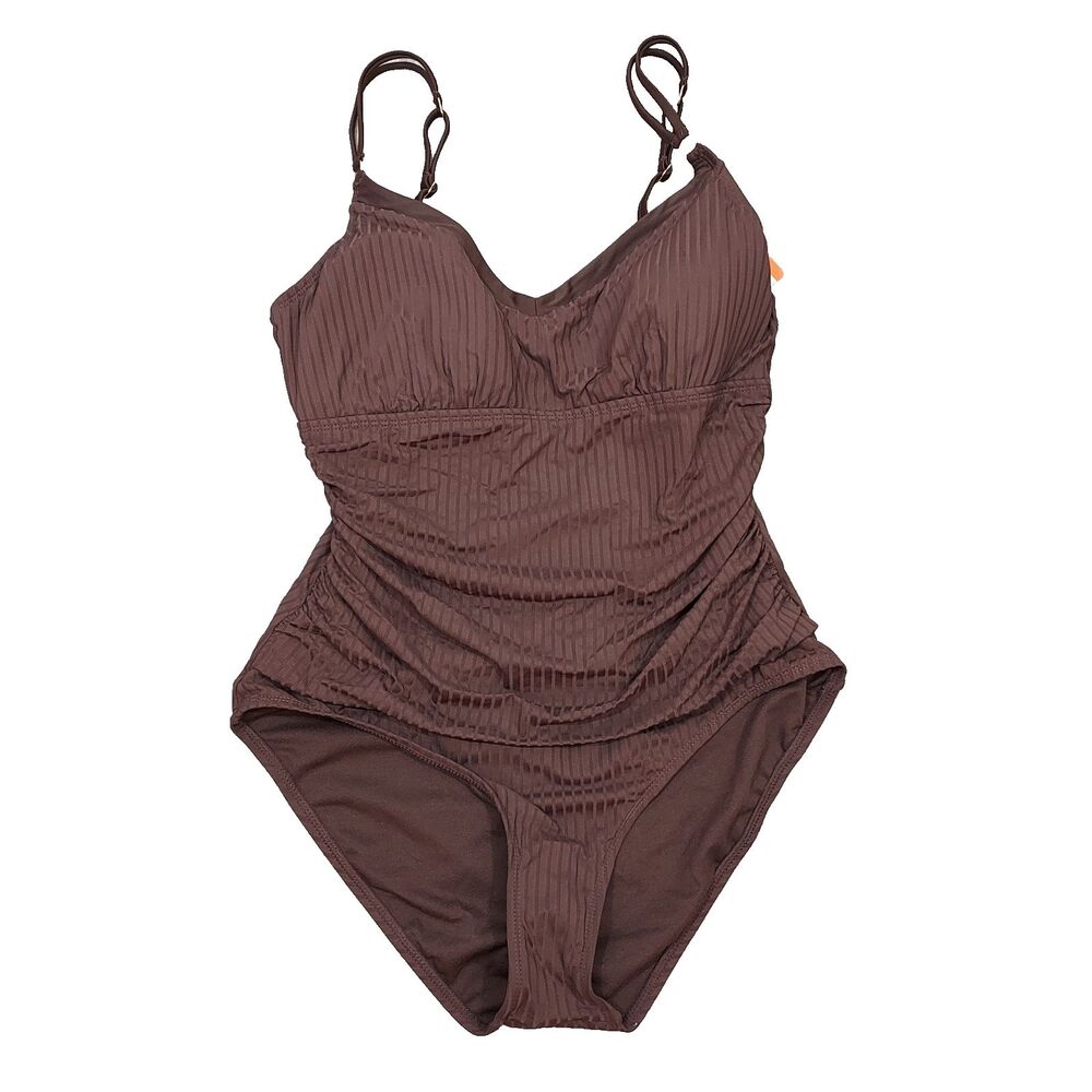 Ellen Tracy Brown Ribbed 1 Piece Swimsuit Ruched V-Neck Womens size XXL NWT